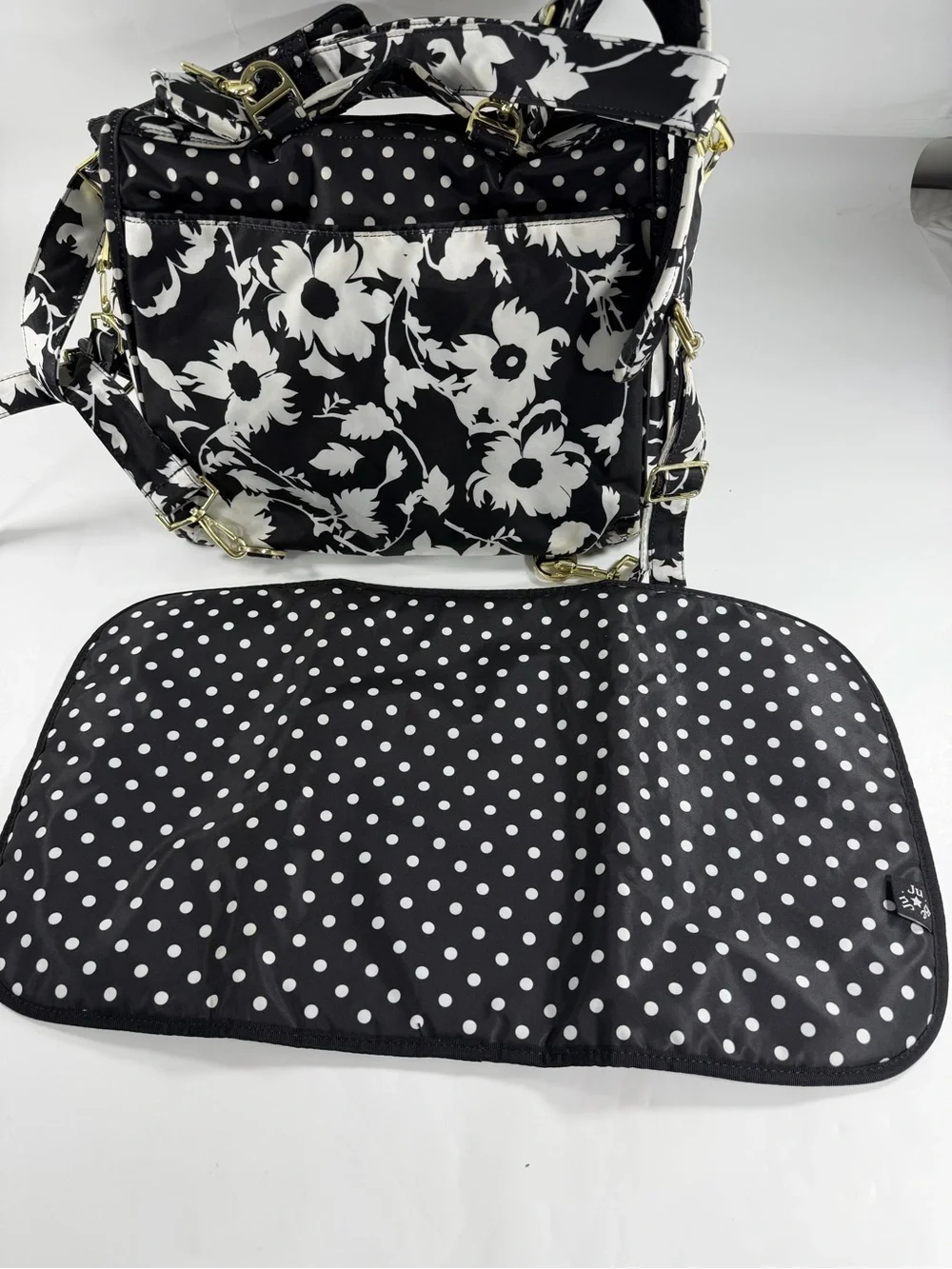 JuJuBe B.F.F. Convertible Diaper Bag Backpack Black White Floral Polka Dot